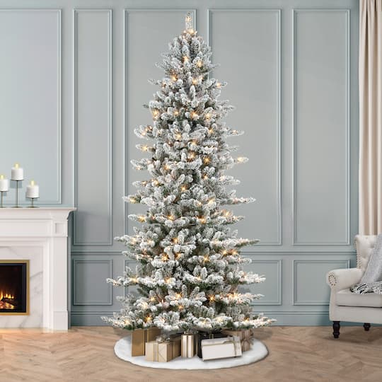 9ft. Pre-Lit Slim Flocked Royal Majestic Artificial Spruce Christmas Tree, Clear Lights